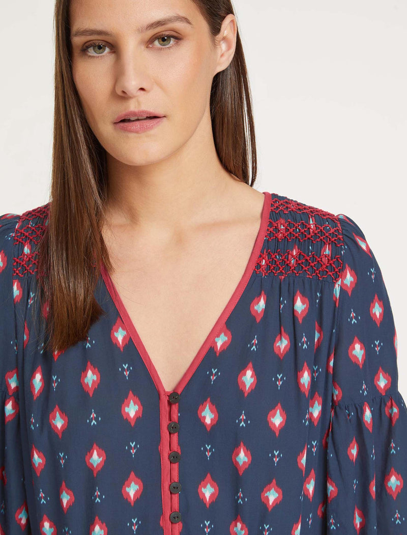 Yula Cotton Maxi Dress - Navy Ikat Print