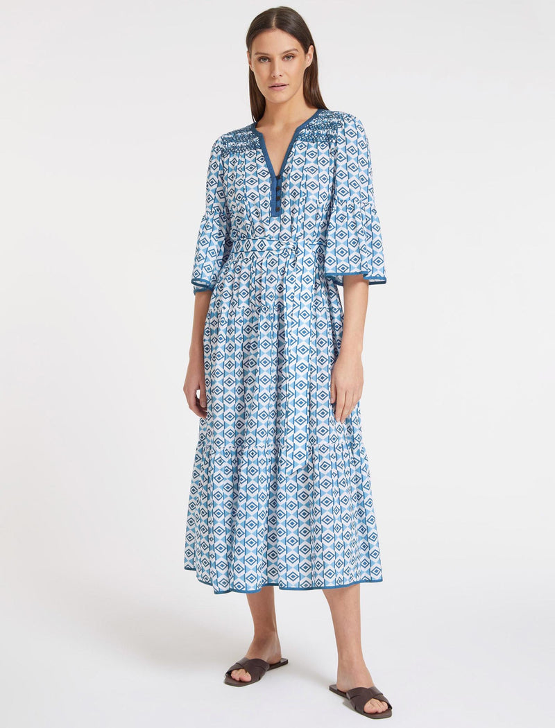 Hester Cotton Maxi Dress - Blue Diamond Geo Print