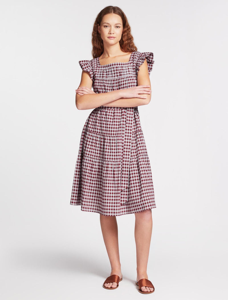 Maisie Organic Cotton Seersucker Midi Dress - Red White Check