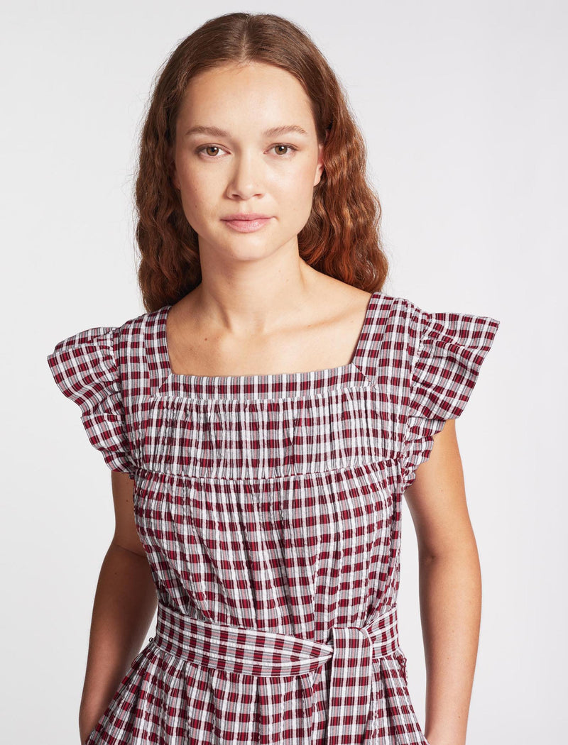 Maisie Organic Cotton Seersucker Midi Dress - Red White Check