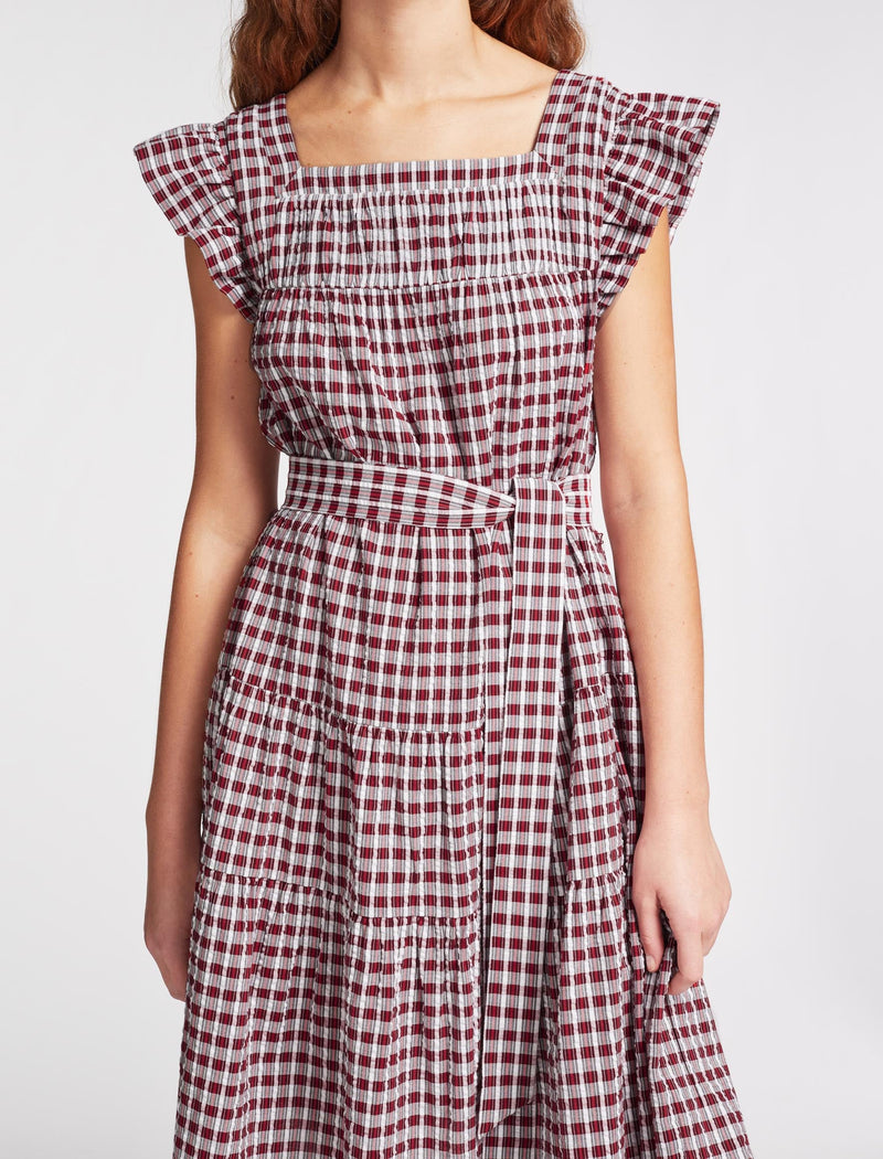 Maisie Organic Cotton Seersucker Midi Dress - Red White Check