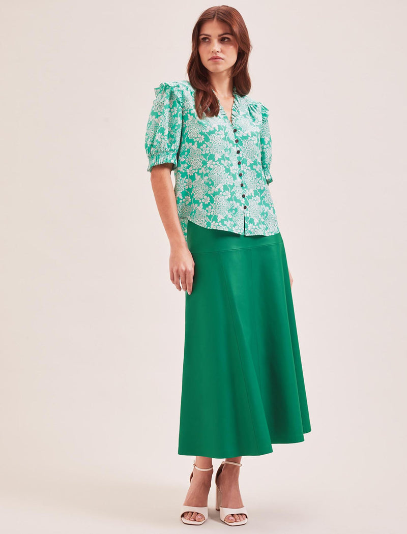 Stella Silk Blouse - Green Damask Print