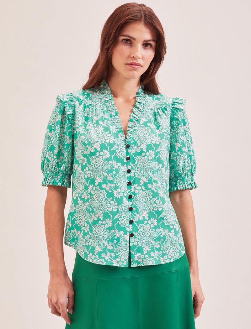 Stella Silk Blouse - Green Damask Print