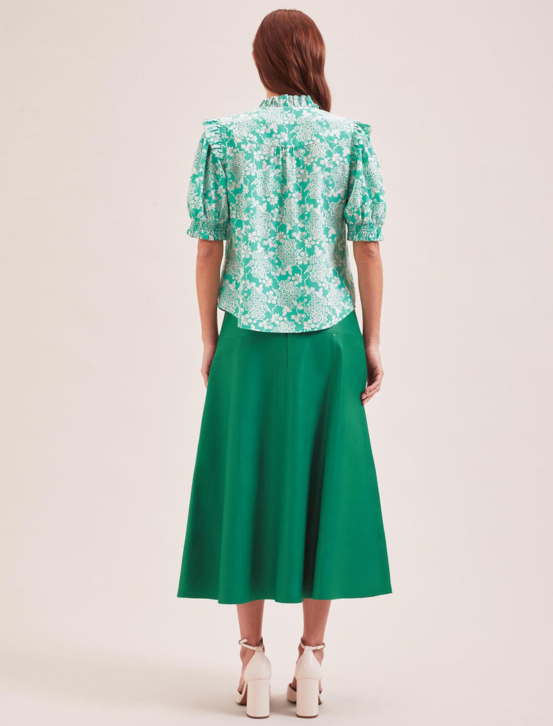 Stella Silk Blouse - Green Damask Print