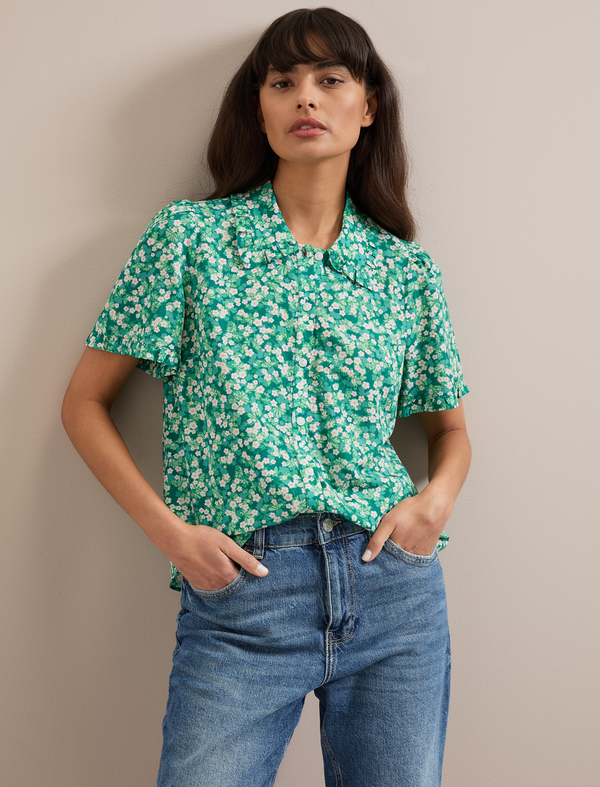 Pippi Cotton Blend Blouse - Mid Green Blossom Print