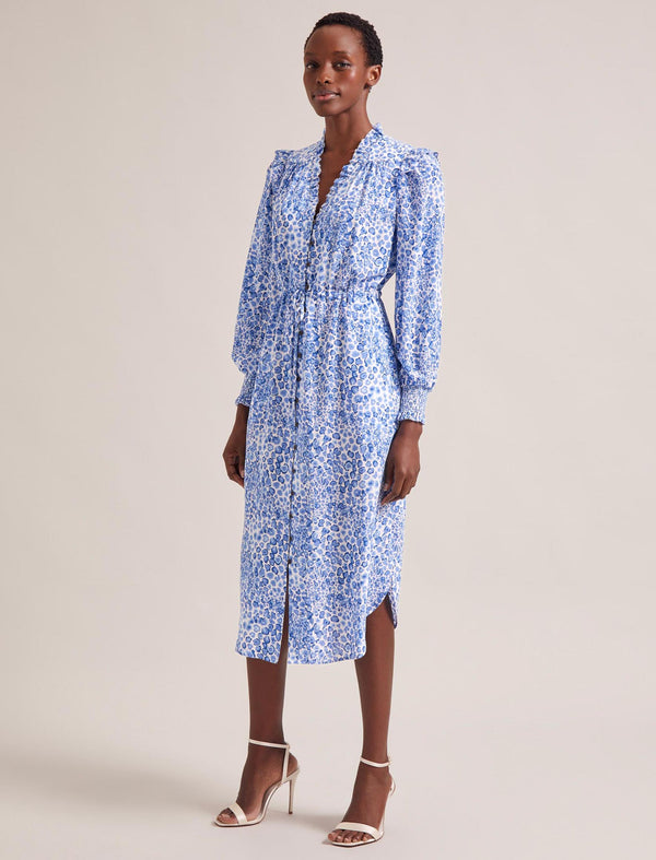 Stella Silk Midi Dress - Blue Leopard Pansy Print