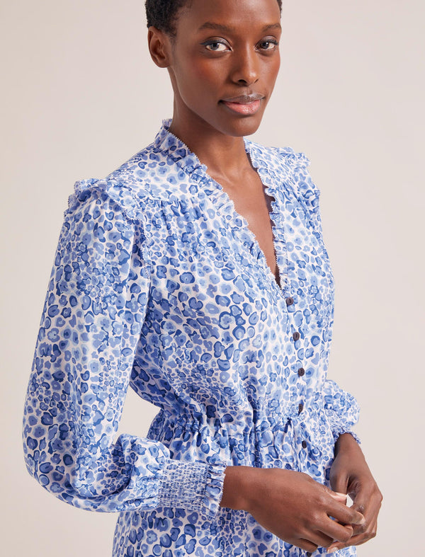 Stella Silk Midi Dress - Blue Leopard Pansy Print