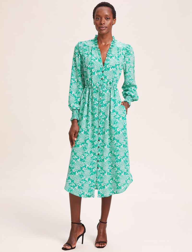 Stella Silk Drawstring Frill Detail Midi Dress - Green Damask Print