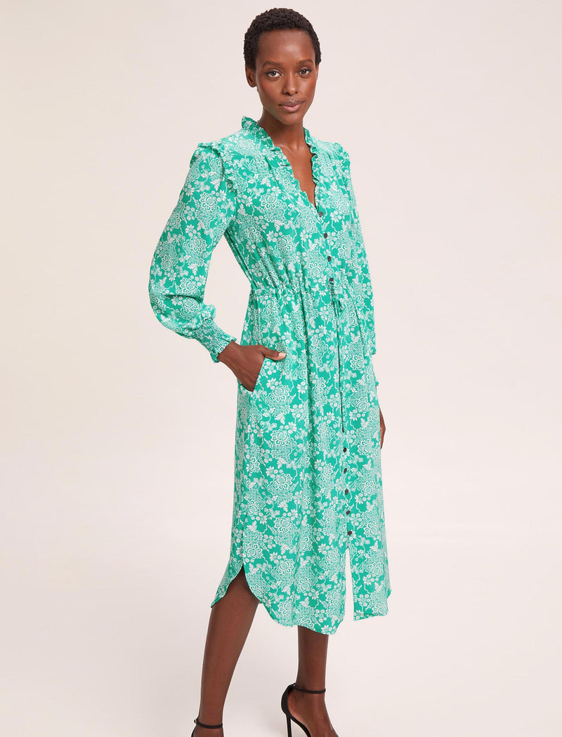 Stella Silk Midi Dress - Green Damask Print