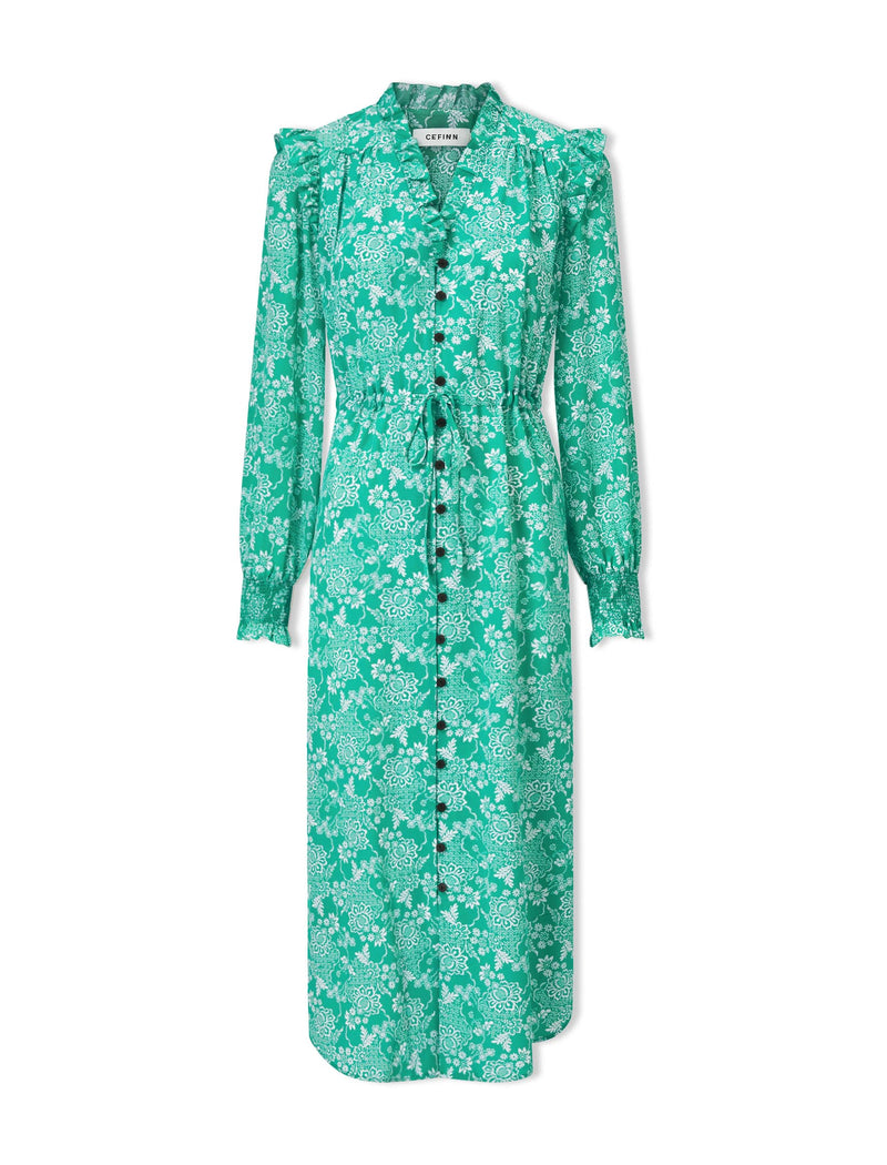 Stella Silk Midi Dress - Green Damask Print