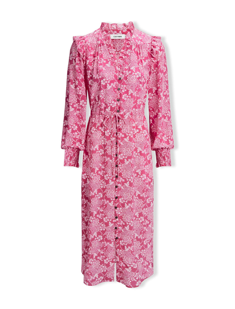 Stella Silk Midi Dress - Hot Pink Damask Print