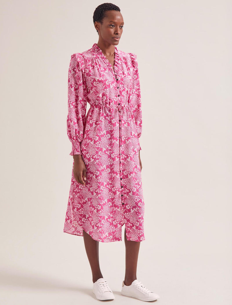 Stella Silk Midi Dress - Hot Pink Damask Print