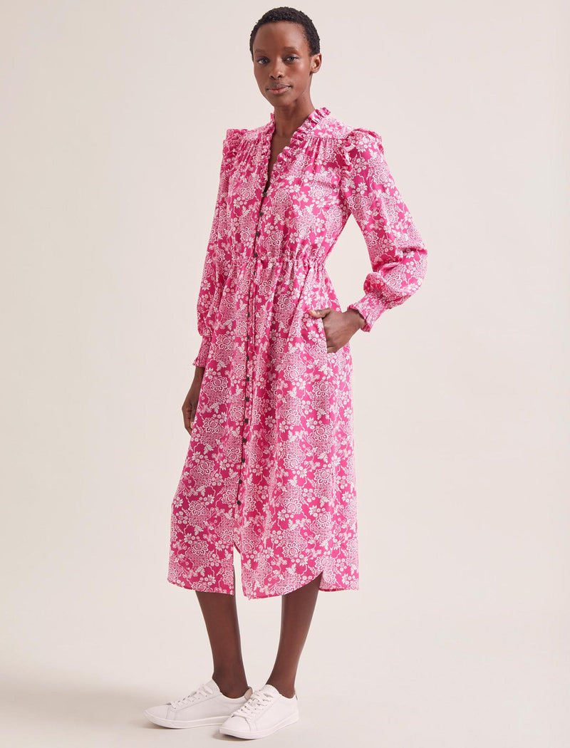 Stella Silk Midi Dress - Hot Pink Damask Print