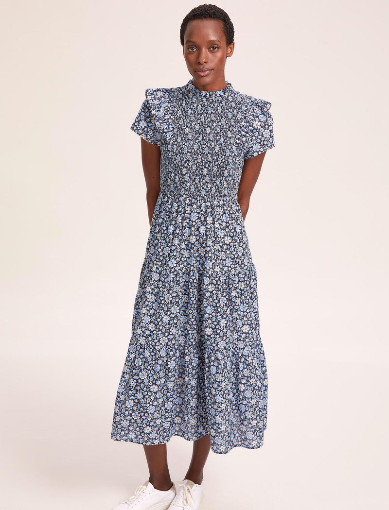 Sabrina Cotton Blend Maxi Dress - Blue Ditsy Carnation Print
