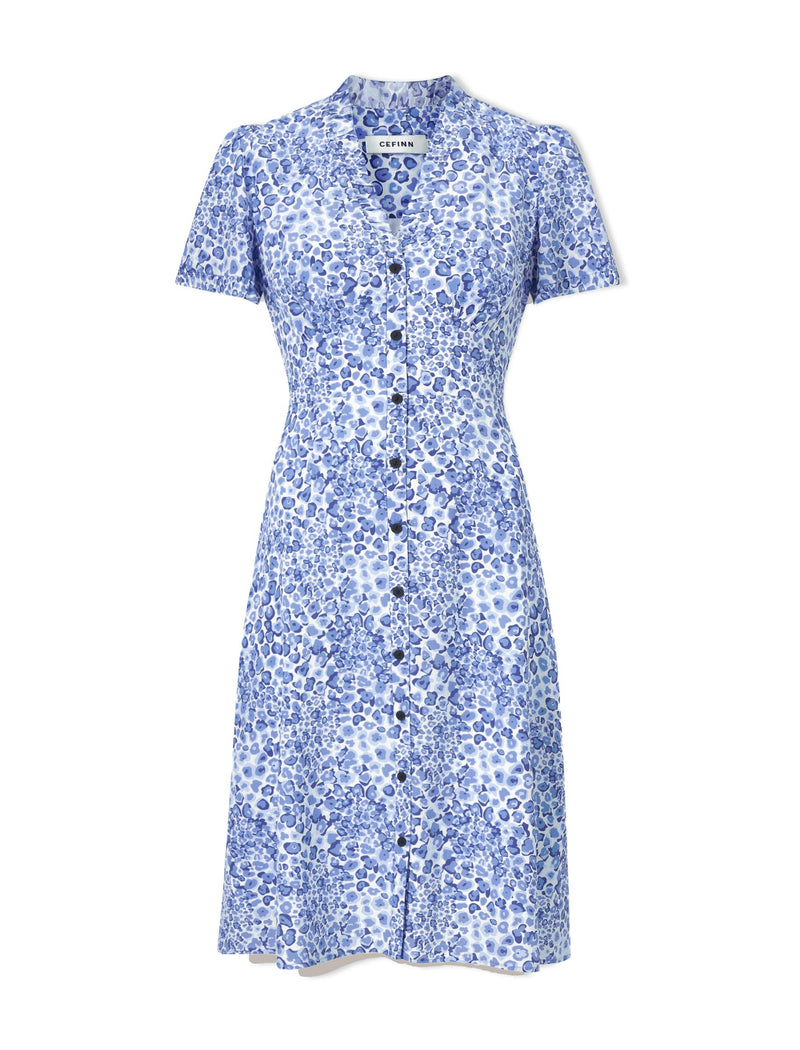 Tabby Silk Tea Dress - Blue Leopard Pansy Print