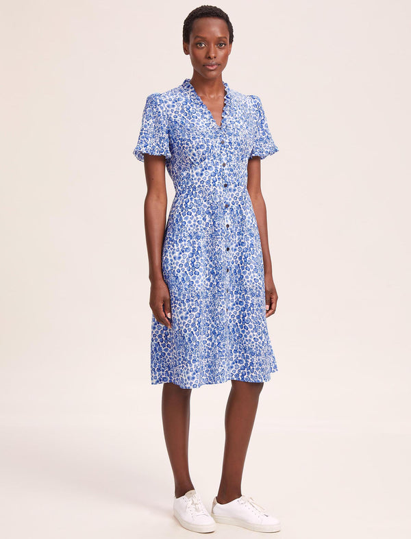 Tabby Silk Tea Dress - Blue Leopard Pansy Print