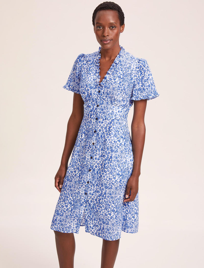 Tabby Silk Tea Dress - Blue Leopard Pansy Print