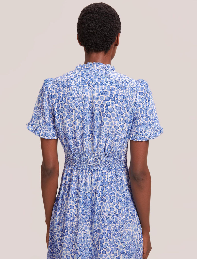 Tabby Silk Tea Dress - Blue Leopard Pansy Print