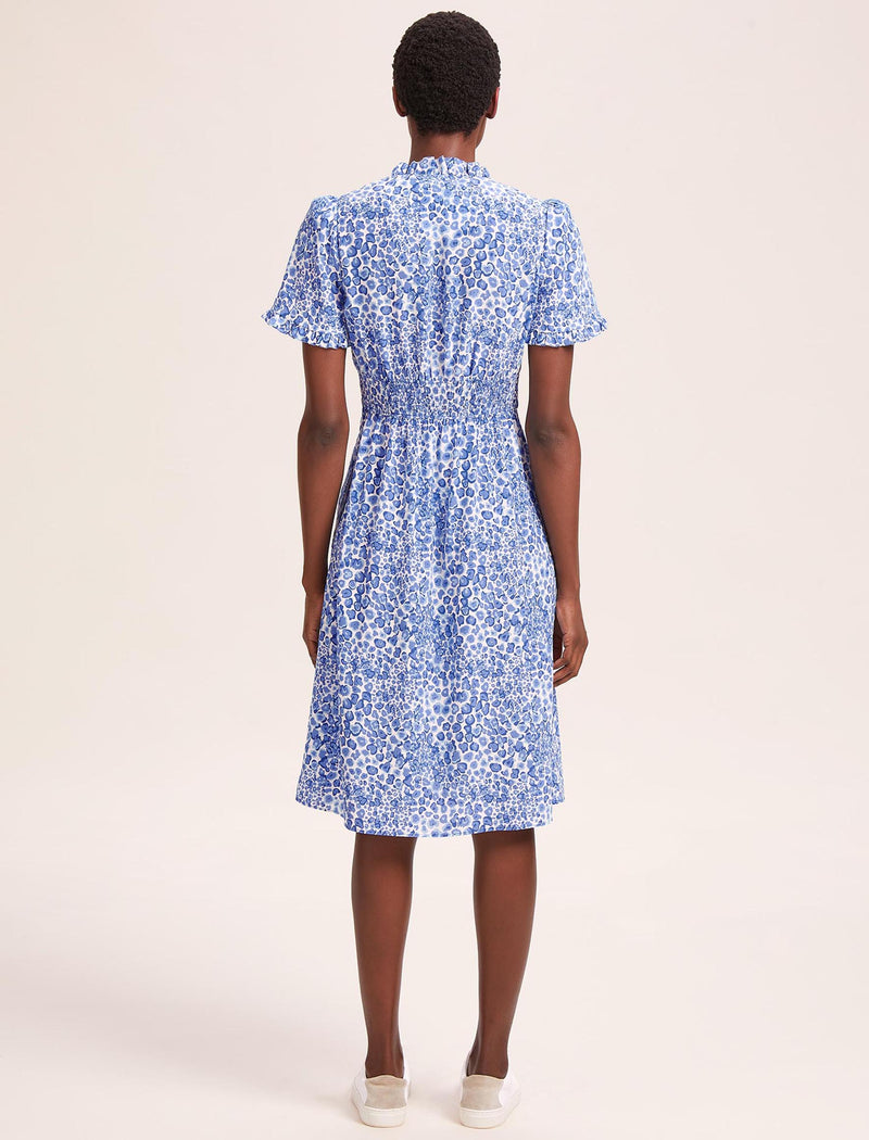 Tabby Silk Tea Dress - Blue Leopard Pansy Print