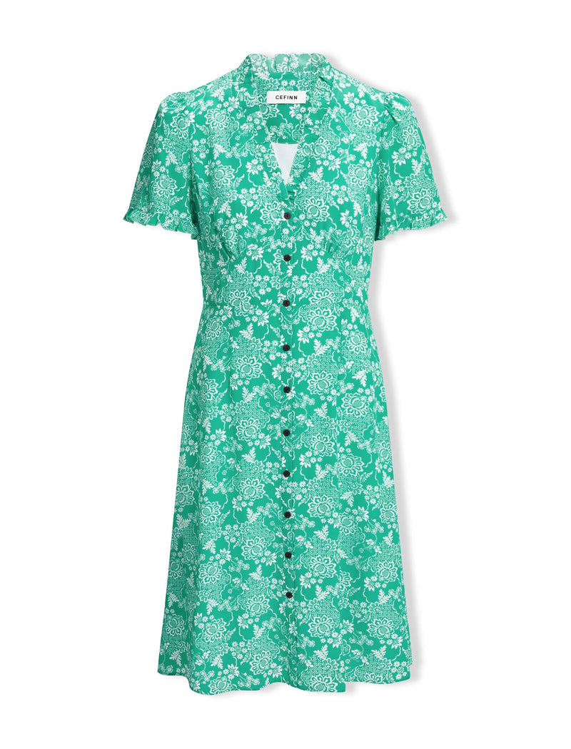 Tabby Silk Tea Dress - Green Damask Print