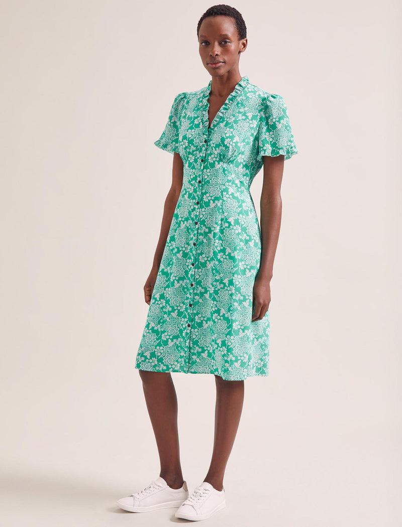 Tabby Silk Tea Dress - Green Damask Print