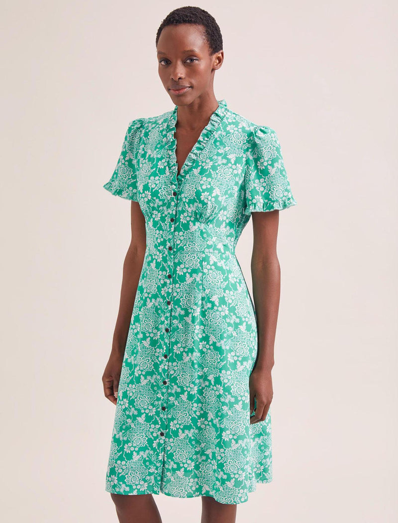 Tabby Silk Tea Dress - Green Damask Print