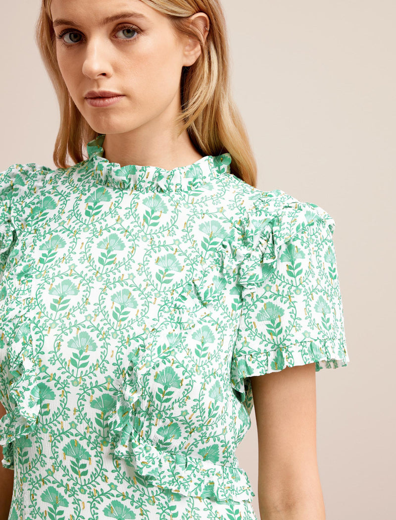 Mirabel Gold Metallic Fil Coupé Maxi Dress - Pale Green Carnation Print