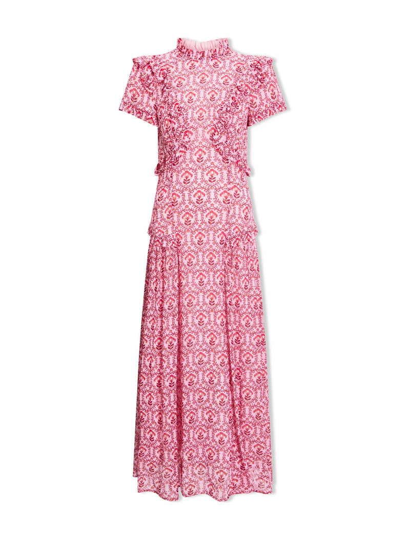 Mirabel Gold Metallic Fil Coupé Maxi Dress - Pink Carnation Print