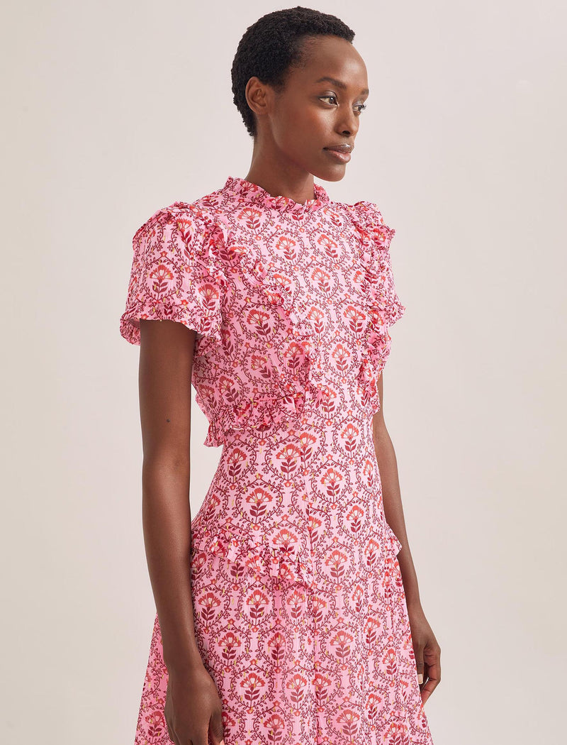Mirabel Gold Metallic Fil Coupé Maxi Dress - Pink Carnation Print