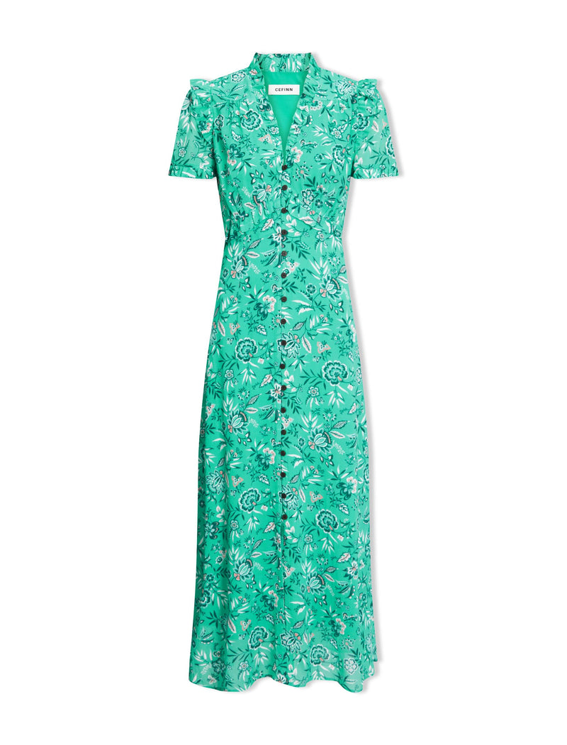 Liliana Cotton Blend Maxi Dress - Green White Palm Floral