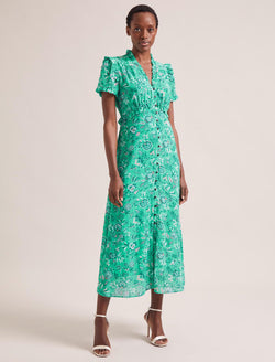 Liliana Cotton Blend Maxi Dress - Green White Palm Floral