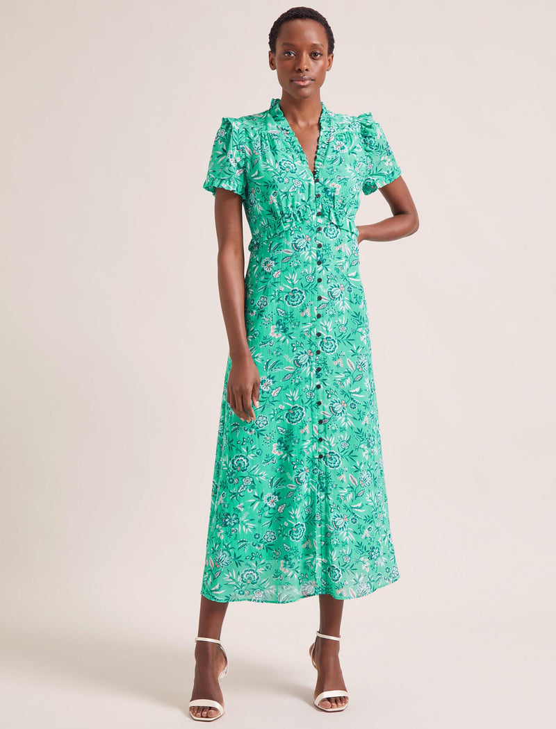 Liliana Cotton Blend Maxi Dress - Green White Palm Floral