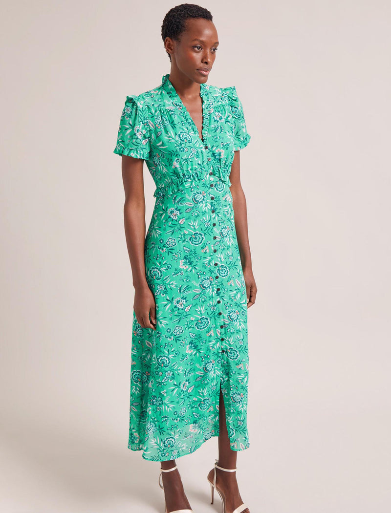 Liliana Cotton Blend Maxi Dress - Green White Palm Floral