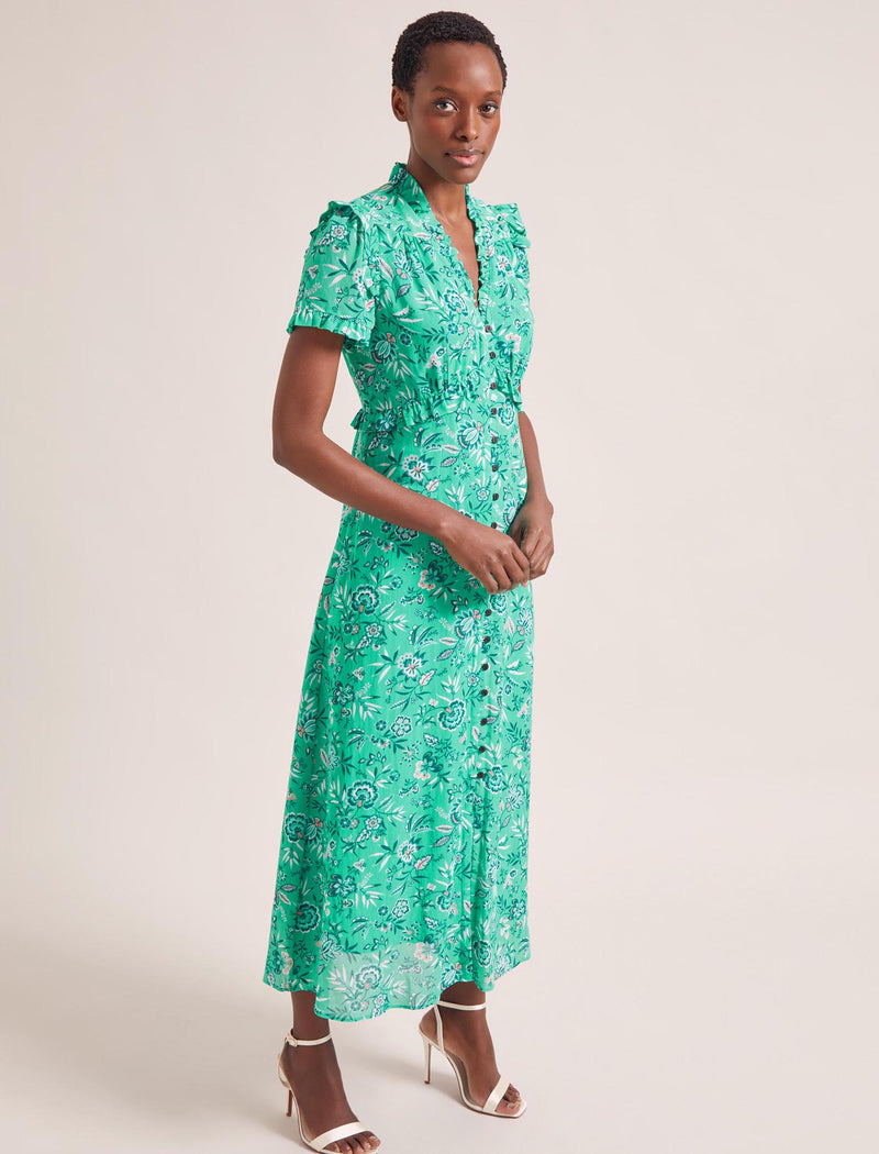 Liliana Cotton Blend Maxi Dress - Green White Palm Floral