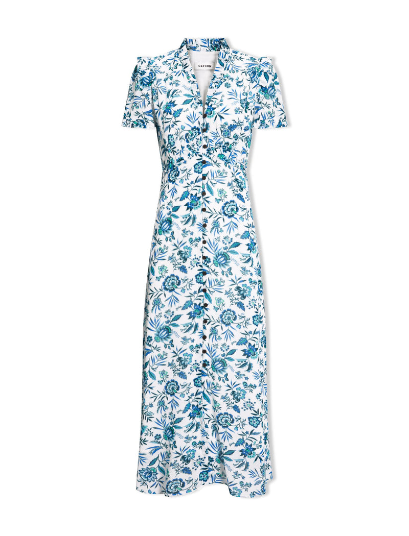 Liliana Cotton Blend Maxi Dress - White Blue Palm Floral