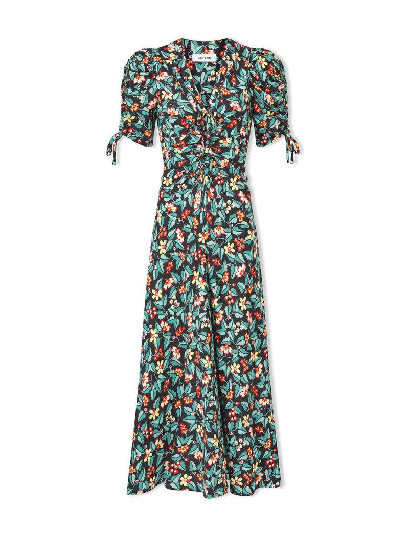 Ophelia Bias Cut Maxi Dress - Black Multi Tropical Floral Print