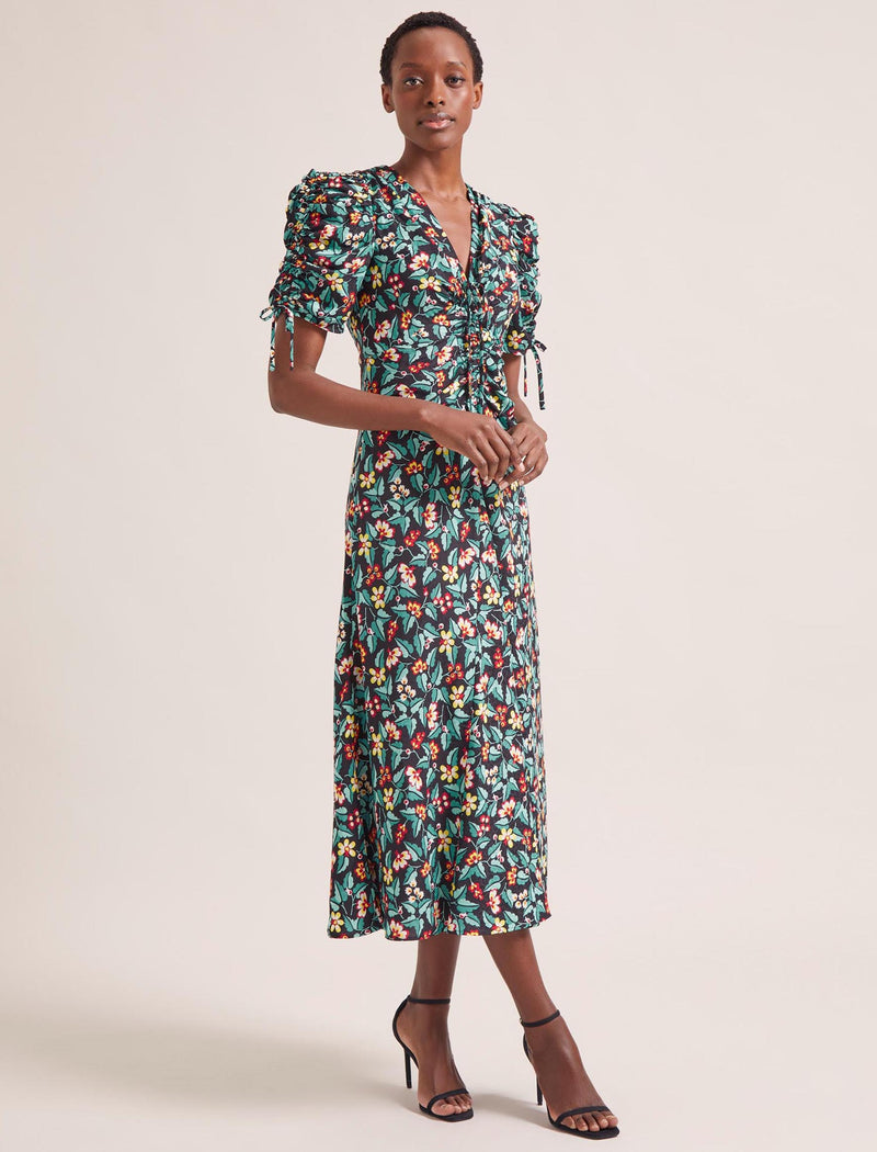 Ophelia Bias Cut Maxi Dress - Black Multi Tropical Floral Print