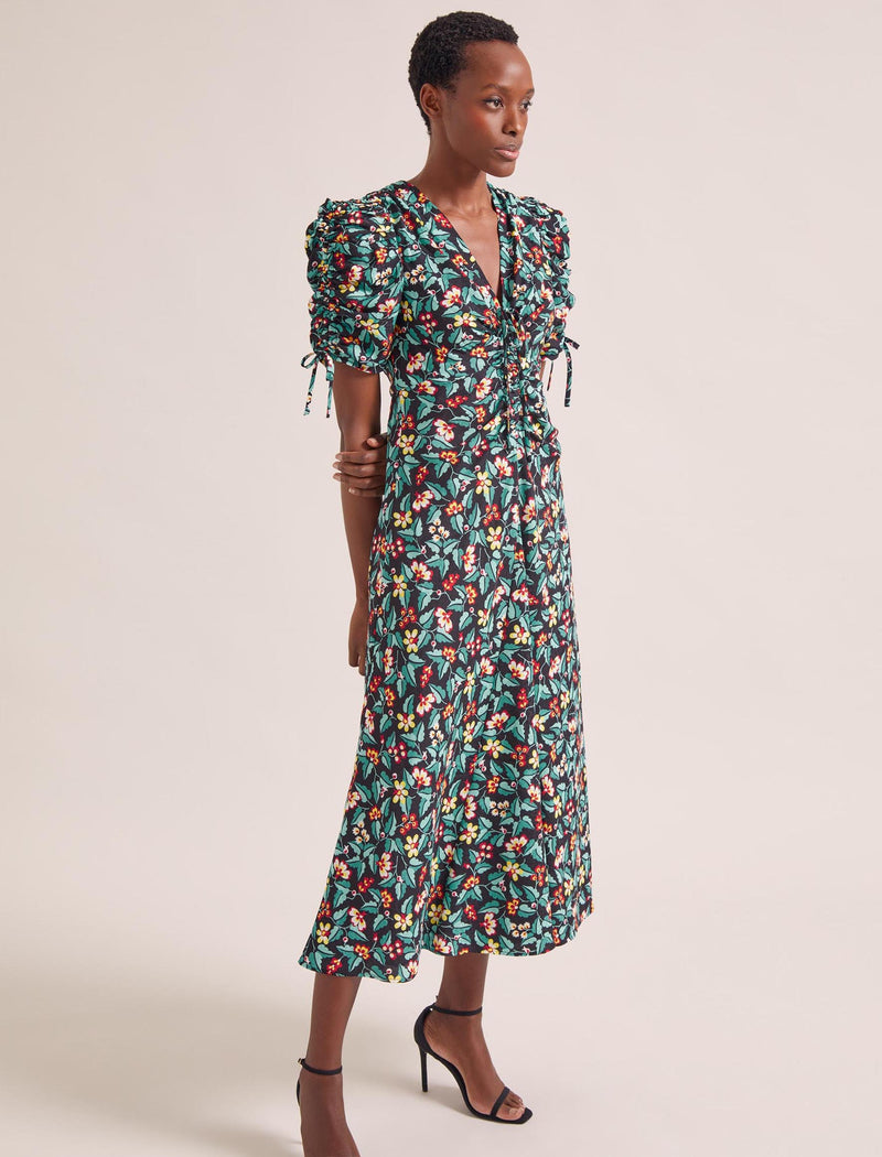 Ophelia Bias Cut Maxi Dress - Black Multi Tropical Floral Print