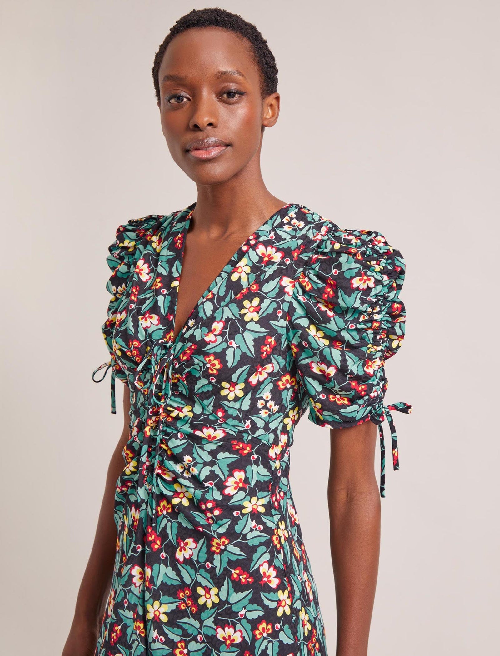 Ophelia Floral Print Bias Cut Maxi Dress with Ruching Detail