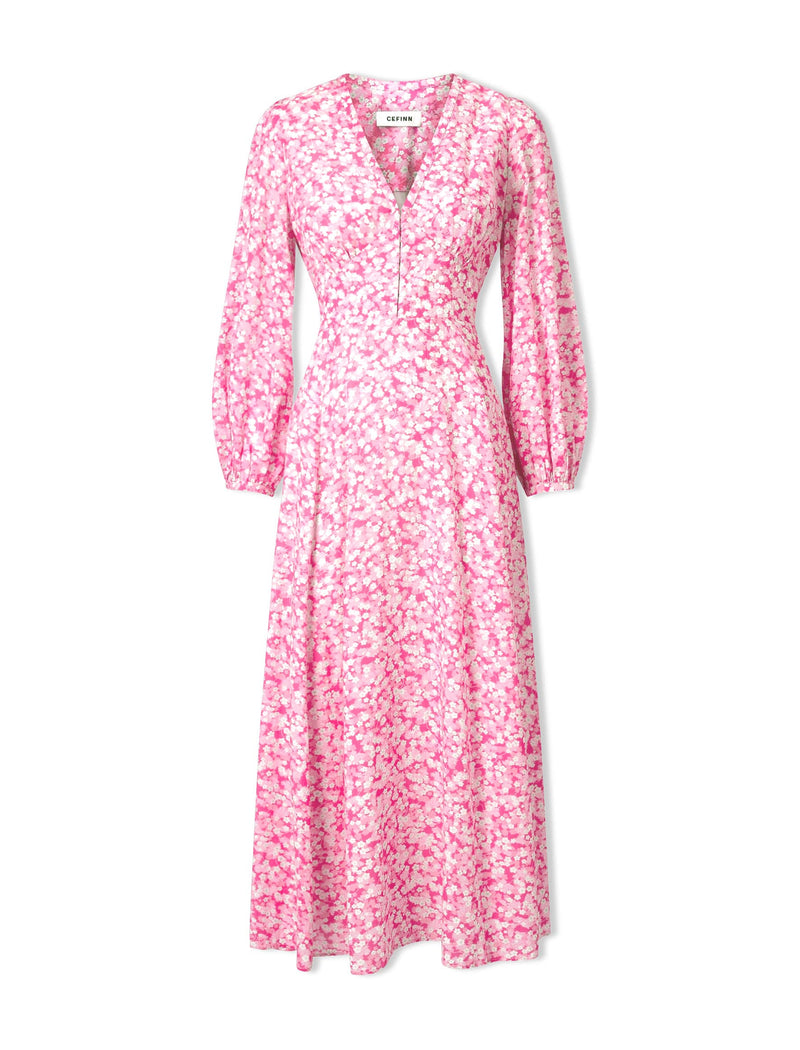 Cora Cotton Blend Maxi Dress - Hot Pink Blossom Print