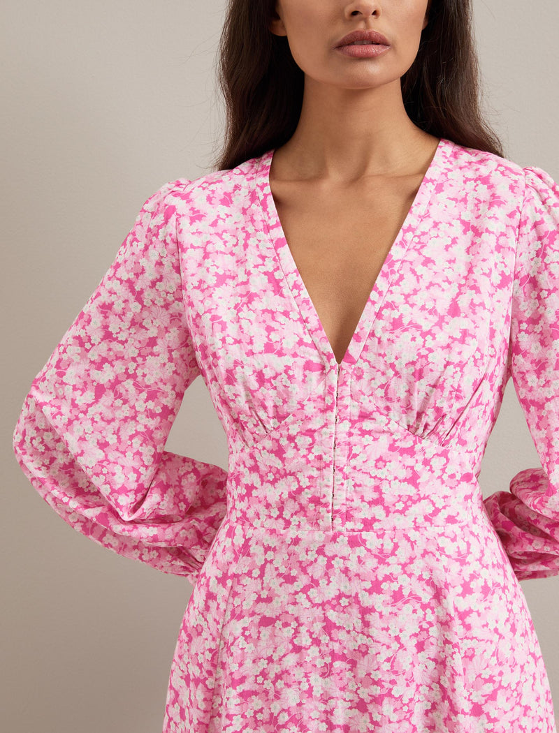 Cora Cotton Blend Maxi Dress - Hot Pink Blossom Print
