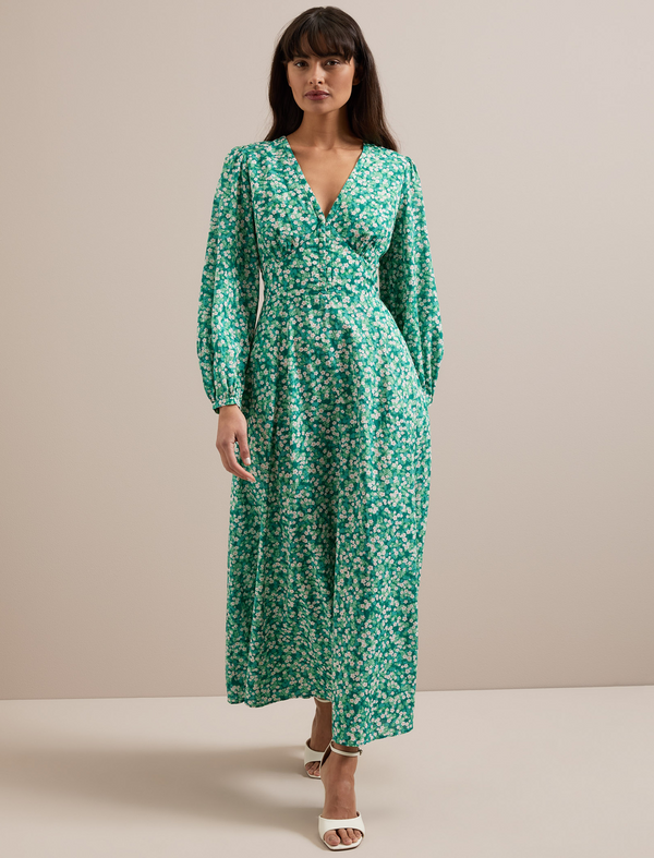 Cora Cotton Blend Maxi Dress - Mid Green Blossom Print