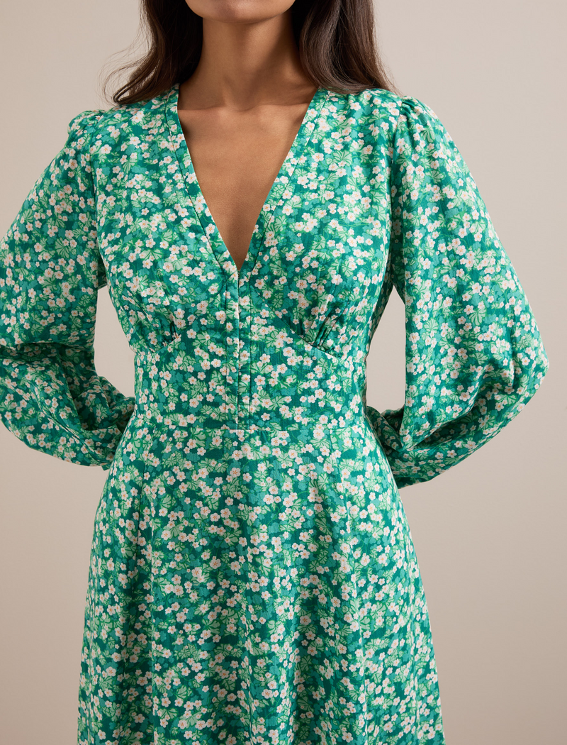 Cora Cotton Blend Maxi Dress - Mid Green Blossom Print