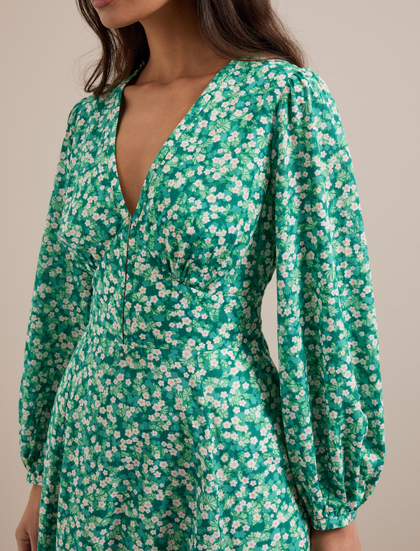 Cora Cotton Blend Maxi Dress - Mid Green Blossom Print