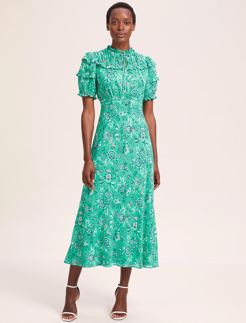 Viola Cotton Blend Bias Cut Maxi Dress - Green White Palm Floral
