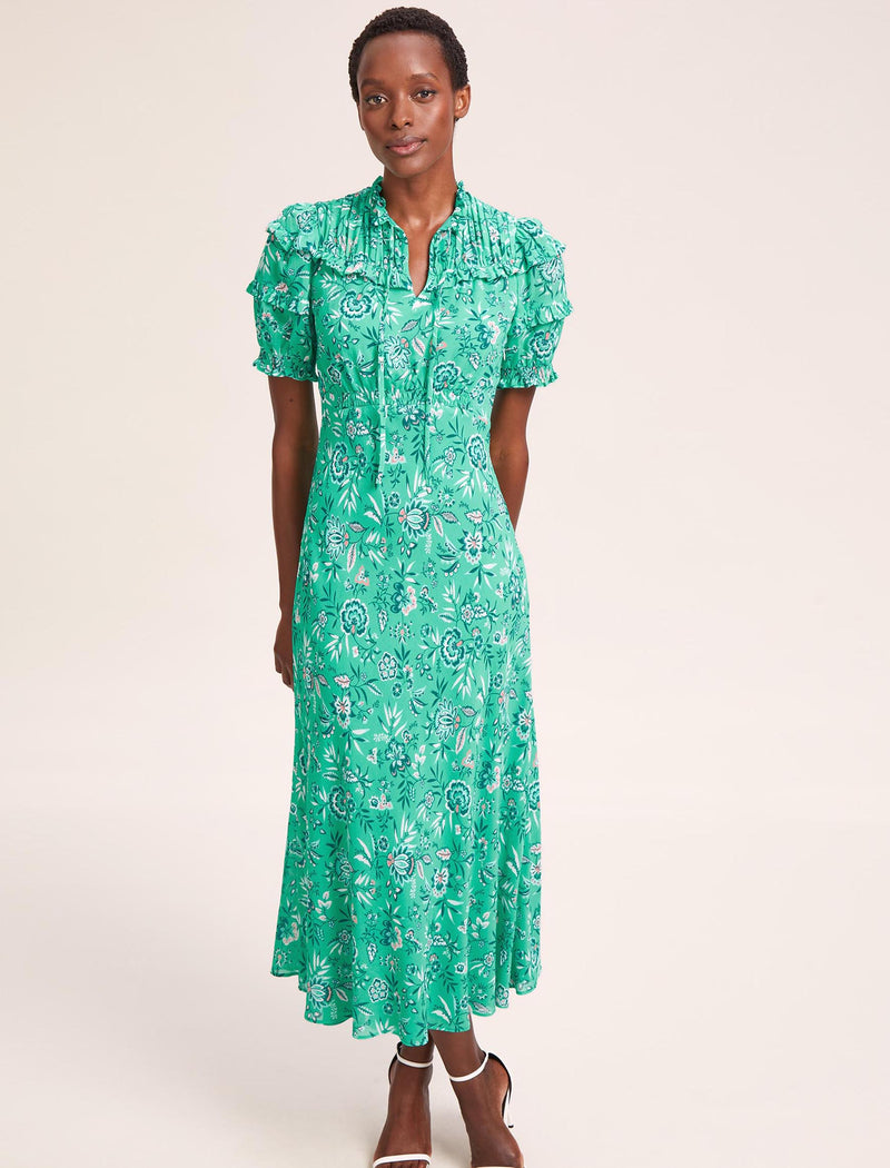 Viola Cotton Blend Bias Cut Maxi Dress - Green White Palm Floral