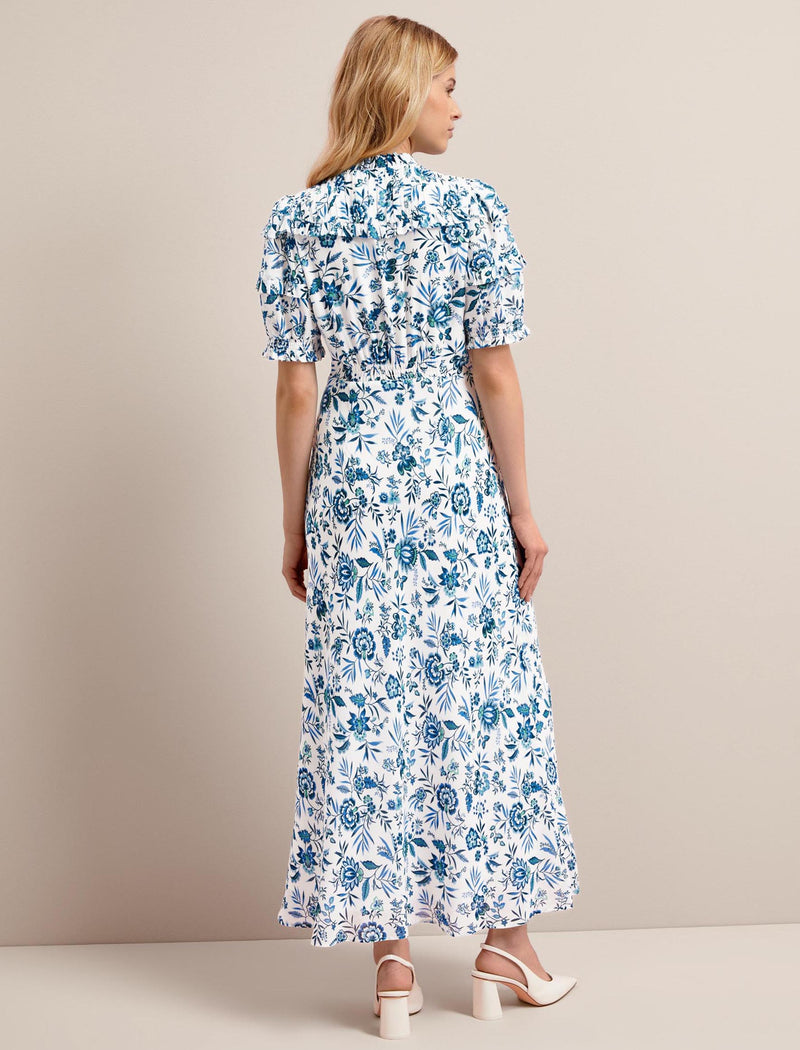 Viola Cotton Blend Bias Cut Maxi Dress - White Blue Palm Floral