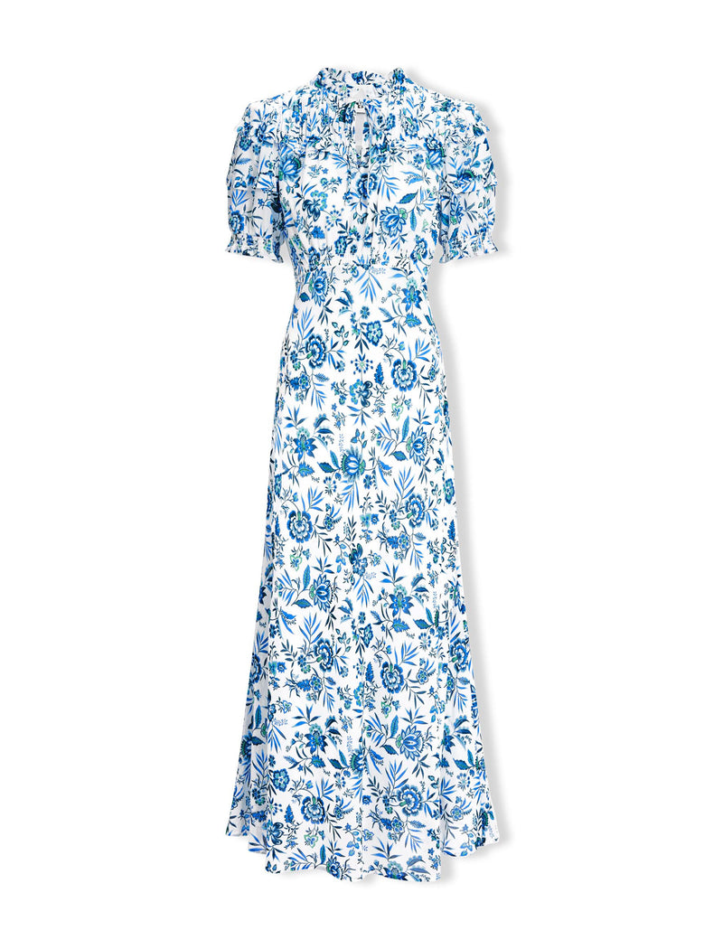 Viola Cotton Blend Bias Cut Maxi Dress - White Blue Palm Floral