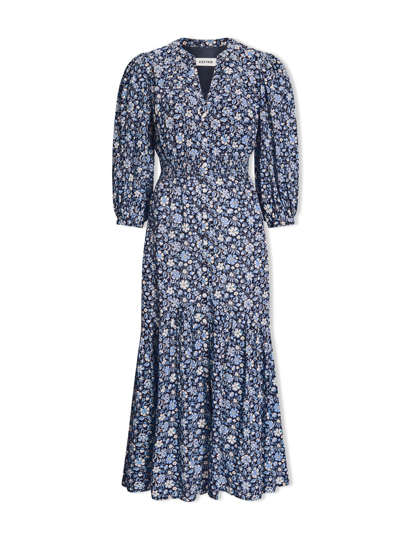 Aspen Cotton Blend Maxi Dress - Blue Ditsy Carnation Print