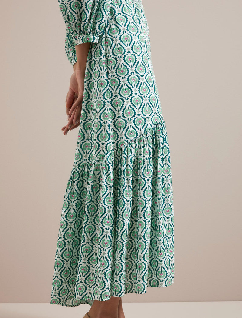 Aspen Cotton Blend Maxi Dress - White Green Tudor Rose Print